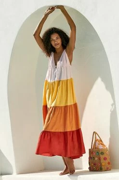 Outlet ???? By Anthropologie Colorblock Maxi ???? Dress ORANGE MOTIF ✨