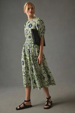 Deals ???? The Odells Smocked Puff-Sleeve ???? Dress GREEN ????